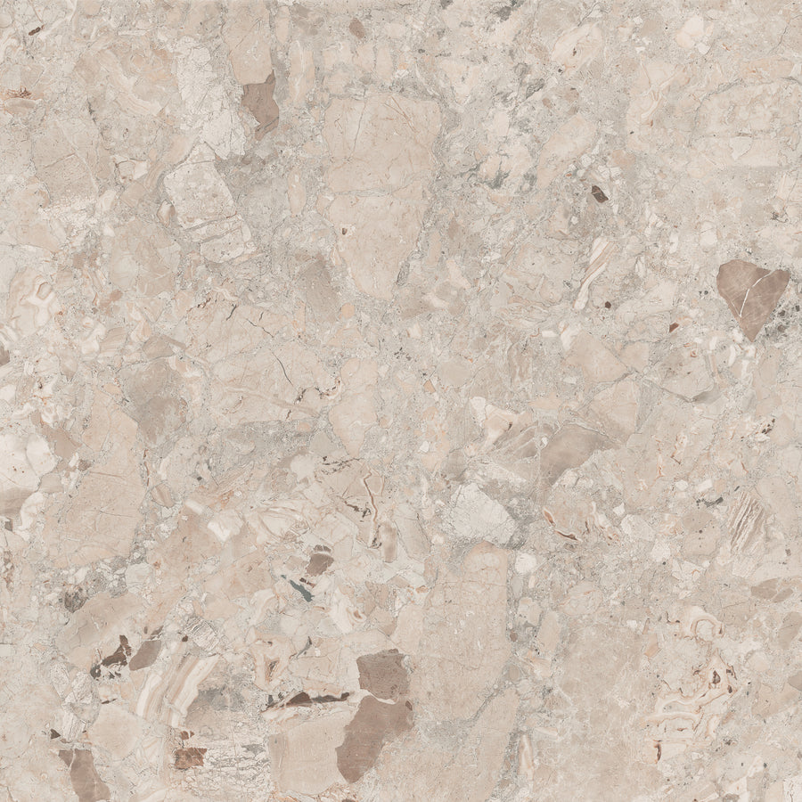 Bella Terra 48" x 48" Ceramic Tile in Torani features a light beige and tan marble look with irregular veining and natural stone texture, ideal for large-format ceramic tile applications.