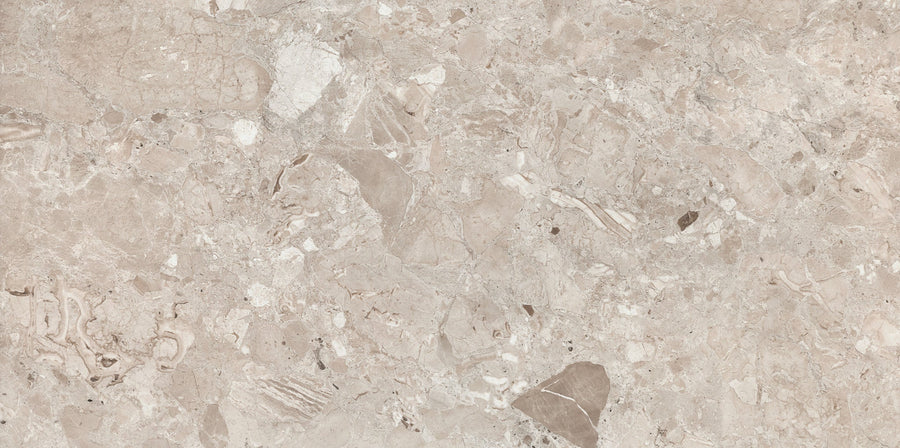 The Bella Terra 24" x 48" Ceramic Tile in Mocha offers a beige and light brown surface with natural veining and varied stone fragments—perfect for luxury flooring or as an elegant large format tile.