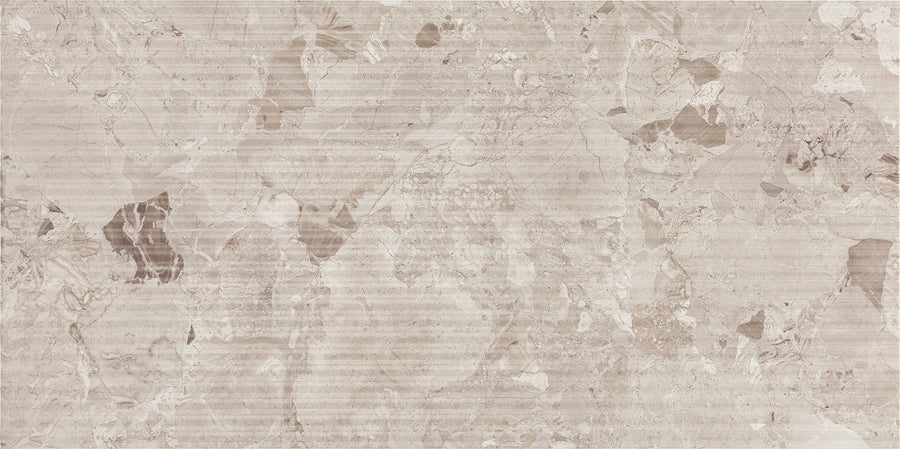 Bella Terra Deco 24" x 48" Ceramic Tile in Mocha features natural stone patterns with light and dark veining and subtle horizontal stripes—perfect for premium flooring or elegant surfaces.