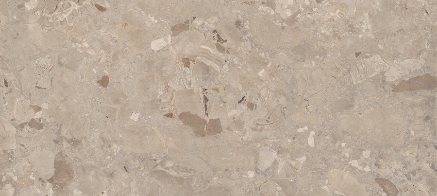 The Bella Terra 48" x 48" Ceramic Tile in Mocha features a beige marble look with irregular brown, cream, and tan veining that mimics natural stone's unique texture.