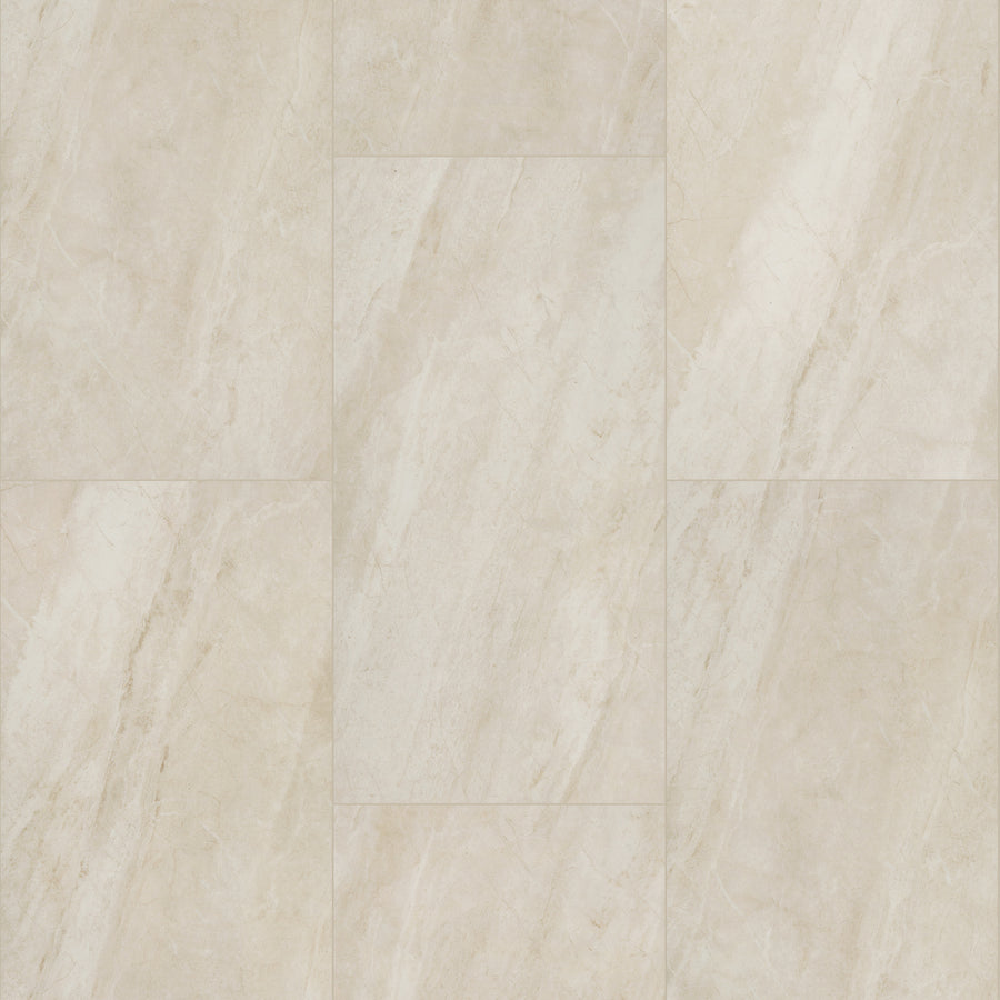 Coretec Natural Opula 18" Vinyl Plank in Citrine Travertine Tile features cream tones with beige and light brown veining. Waterproof and arranged in a rectangular grid, it delivers a smooth, elegant stone look.