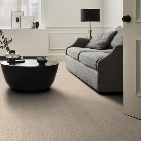 A modern living room with a gray sofa, a round black coffee table, a white sideboard, a black table lamp, and neutral-colored walls and carpeting. Bright natural light comes through the window.