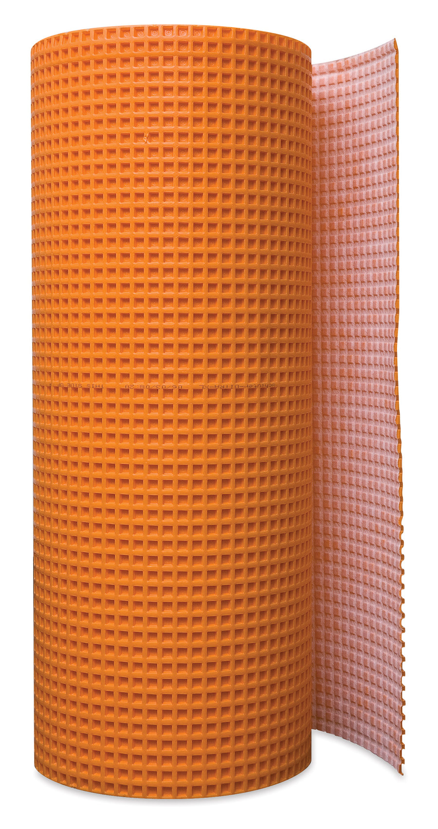 A large roll of Schluter-Ditra Uncoupling Membrane, featuring an orange, textured grid surface and white backing, stands upright with one end unrolled—perfect for ceramic tile installations.