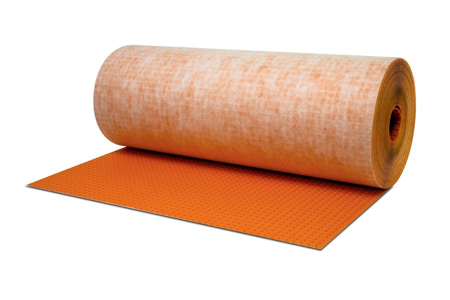 A large roll of Schluter-Ditra Uncoupling Membrane, partially unrolled to display its textured orange surface. Ideal for ceramic tile installations, it rests on a flat surface with a white background.