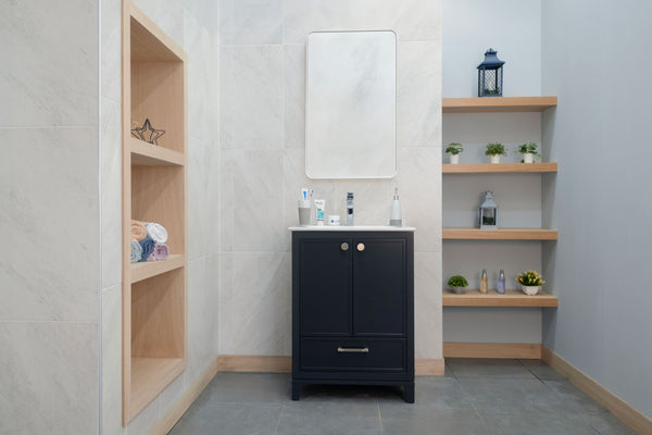 A modern luxury bathroom features light tiled walls, a Frame 24