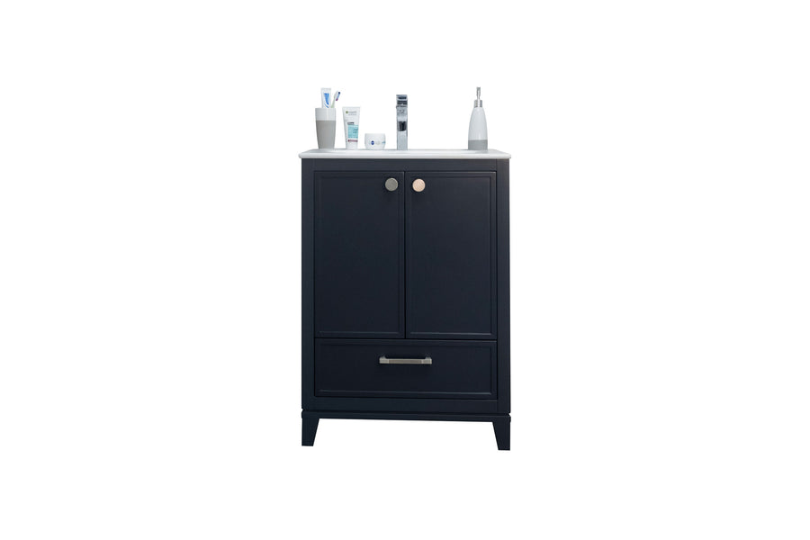 A black bathroom vanity with a white countertop, two cabinets, one drawer, and various toiletries including bottles and tubes placed on top, set against a white background.