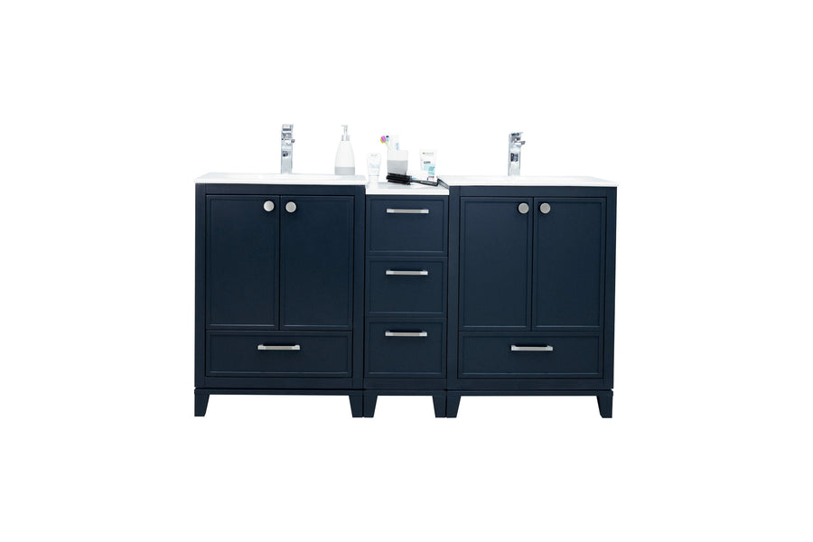 A double-sink bathroom vanity with dark blue cabinets, silver handles, and a white countertop. Toiletries, soap dispensers, and other bathroom items are placed on top. The background is plain white.