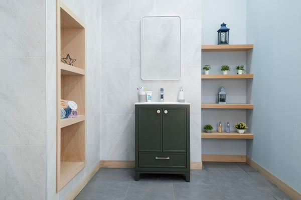 Modern luxury bathroom with gray tile floor, the Frame 24