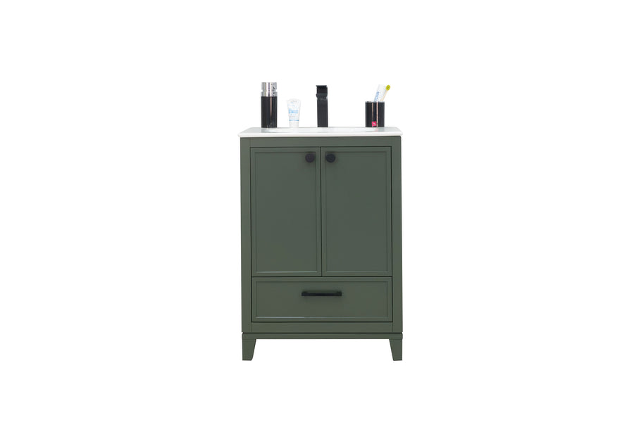 A green cabinet with two doors and one drawer, topped with a white surface holding toiletries including bottles and a toothbrush in a cup, set against a white background.