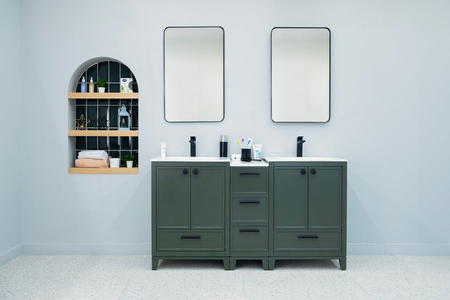 Modern bathroom with two Frame 60" Vanities, white sinks, black faucets, and two rectangular mirrors. A built-in arched shelf on the left wall holds toiletries and decor. The walls are painted light gray.