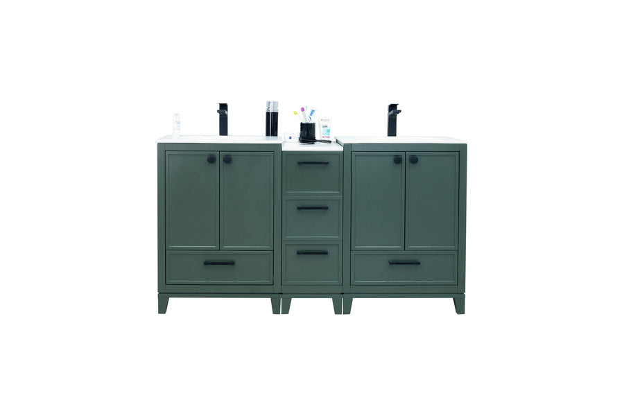 A green double-sink bathroom vanity with four central drawers, two cabinets on each side, and various toiletries on the white countertop, including soap dispensers and toothbrushes.