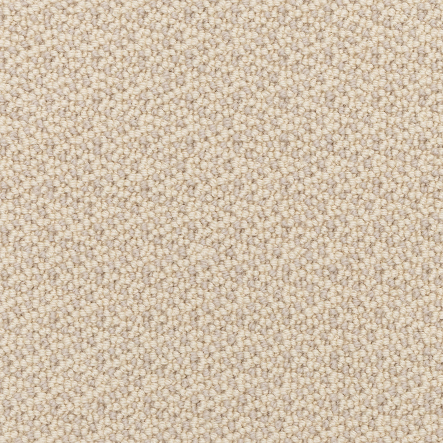 Close-up of Fretwork On Trend Carpet in the color Glimmer. The tightly packed, textured beige loops create a uniform, soft appearance, reminiscent of plush pile carpet and highlighting its durable construction ideal for upholstery or flooring.