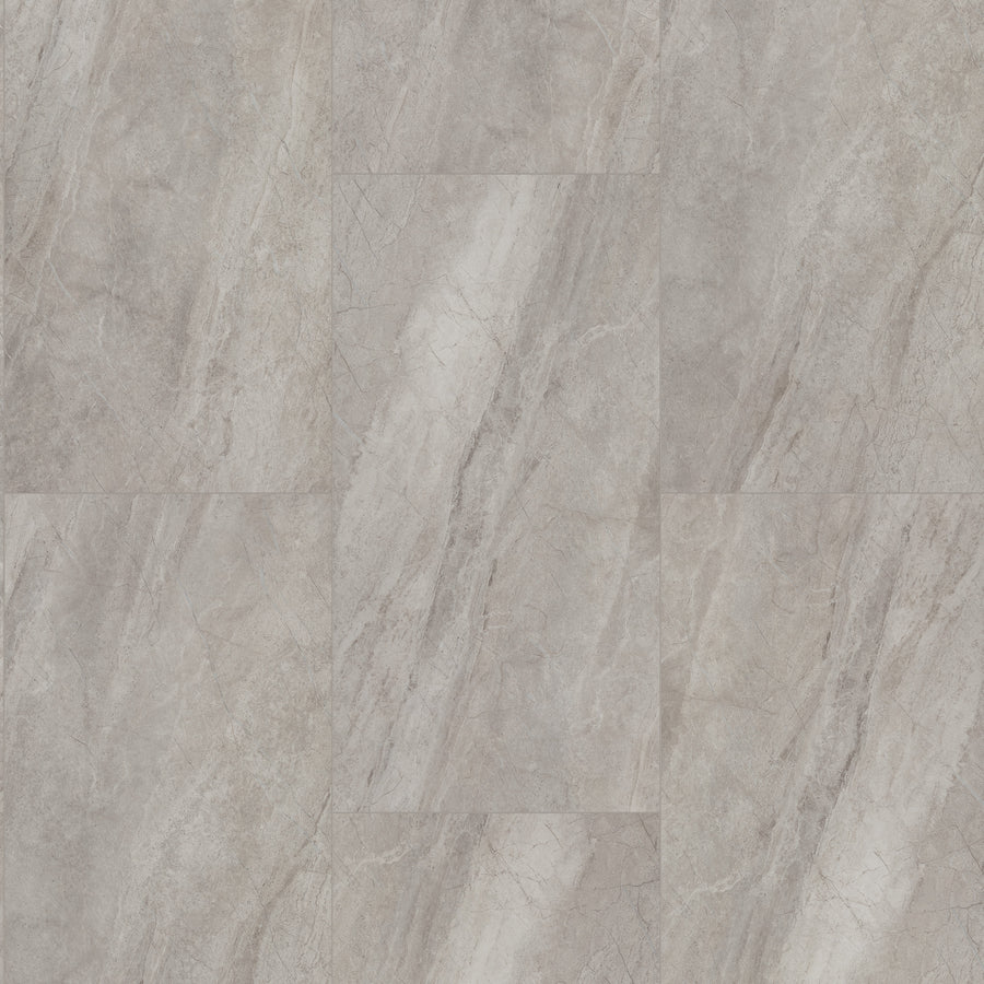 Coretec Natural Opula 18" Vinyl Plank in Graphite Travertine Tile features light gray tones, subtle veining, and a natural stone texture in a staggered layout—delivering durable rigid core flooring with stylish, modern appeal.