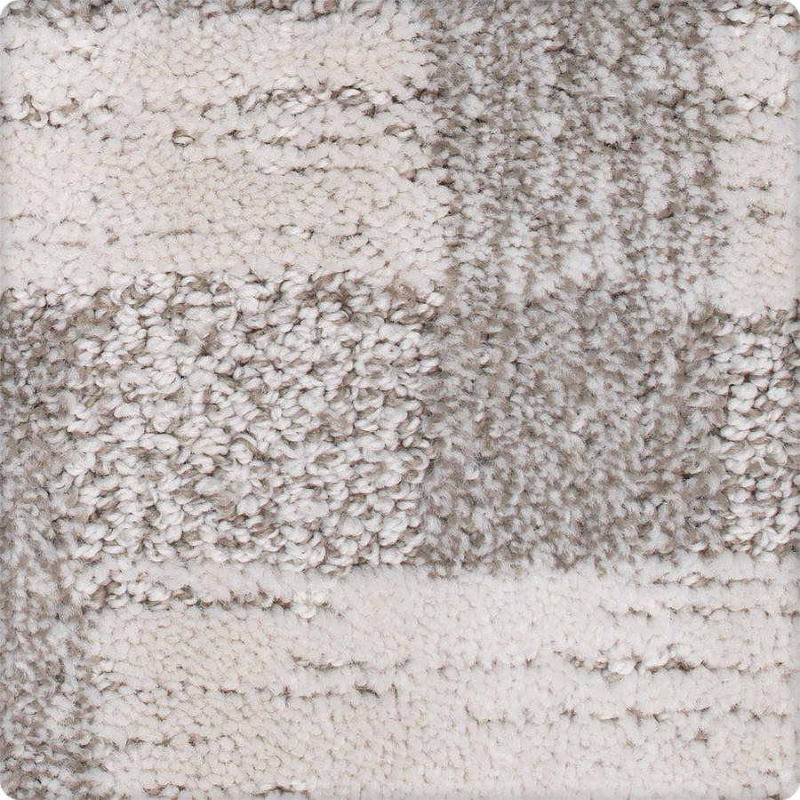 Close-up of Polished Structure On Trend Carpet, featuring a chic checkerboard pattern in white, cream, and gray tones with a blend of looped and plush fibers for a luxurious look.