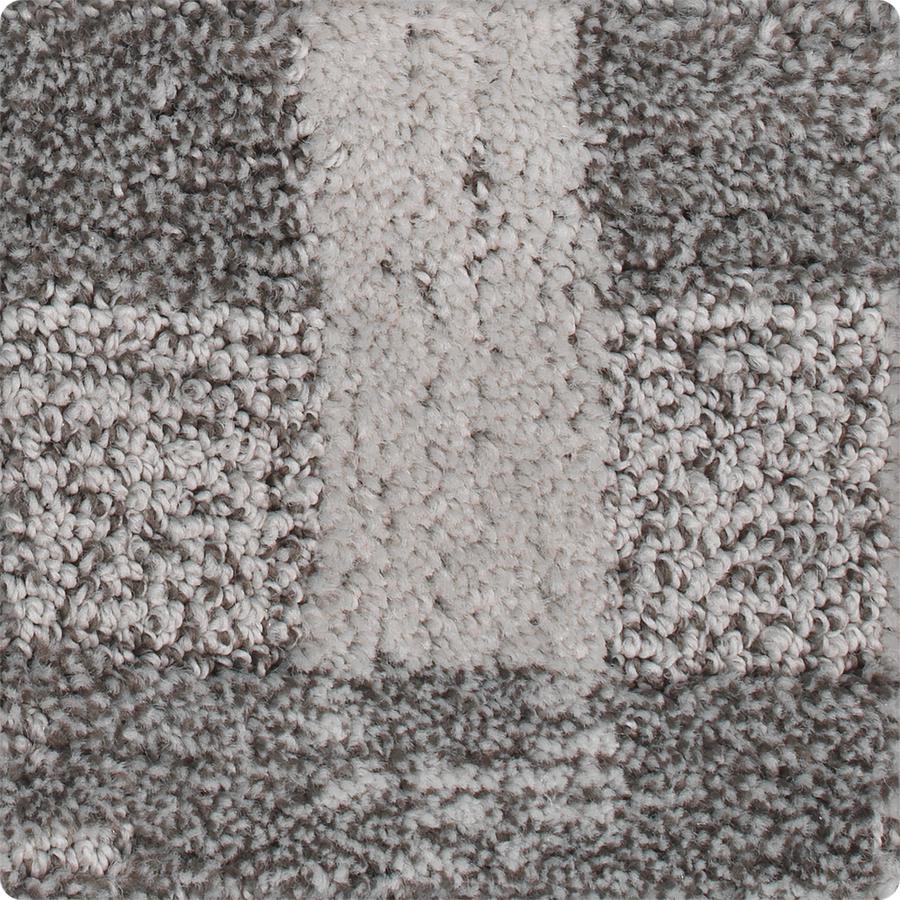 Close-up of the Polished Structure On Trend Carpet, showcasing its textured looped surface and elegant gray and off-white pattern with rectangles and a central vertical stripe.