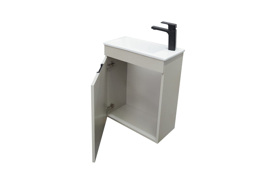 A modern bathroom vanity with a white sink, black faucet, and an open cabinet door revealing empty storage space inside. The unit is isolated on a white background.