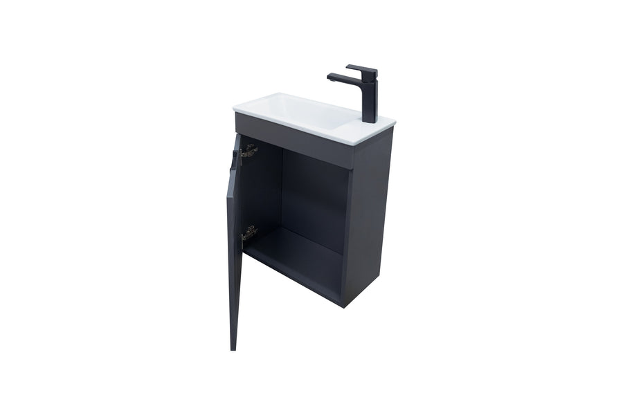 A modern bathroom vanity with a white rectangular sink, a black faucet, and a dark gray cabinet below. The cabinet door is open, revealing interior storage space. The vanity is isolated on a white background.