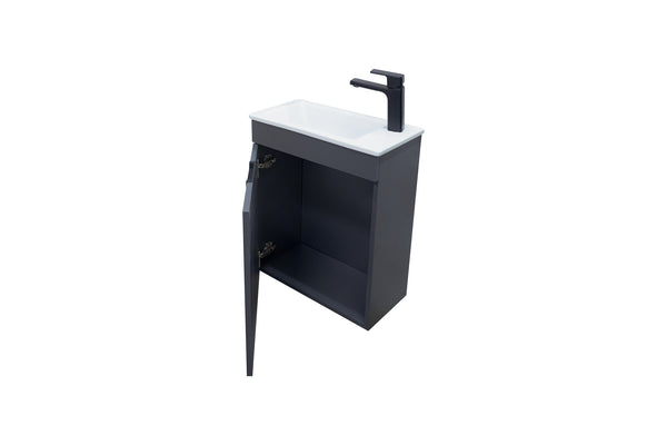 A modern bathroom vanity with a white rectangular sink, a black faucet, and a dark gray cabinet below. The cabinet door is open, revealing interior storage space. The vanity is isolated on a white background.