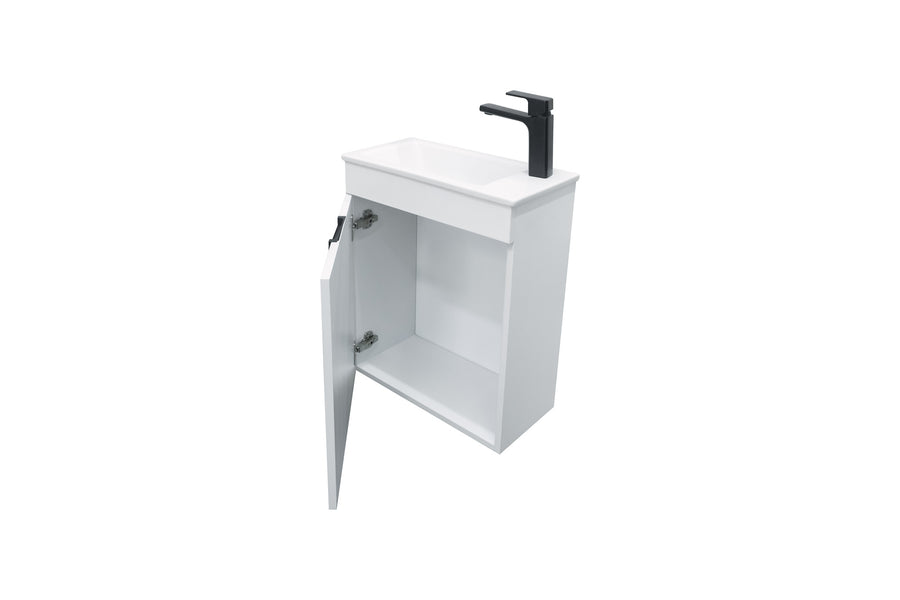 A small white bathroom vanity with an open cabinet door, a rectangular sink on top, and a black faucet. The vanity is empty inside, with visible hinges on the open door.