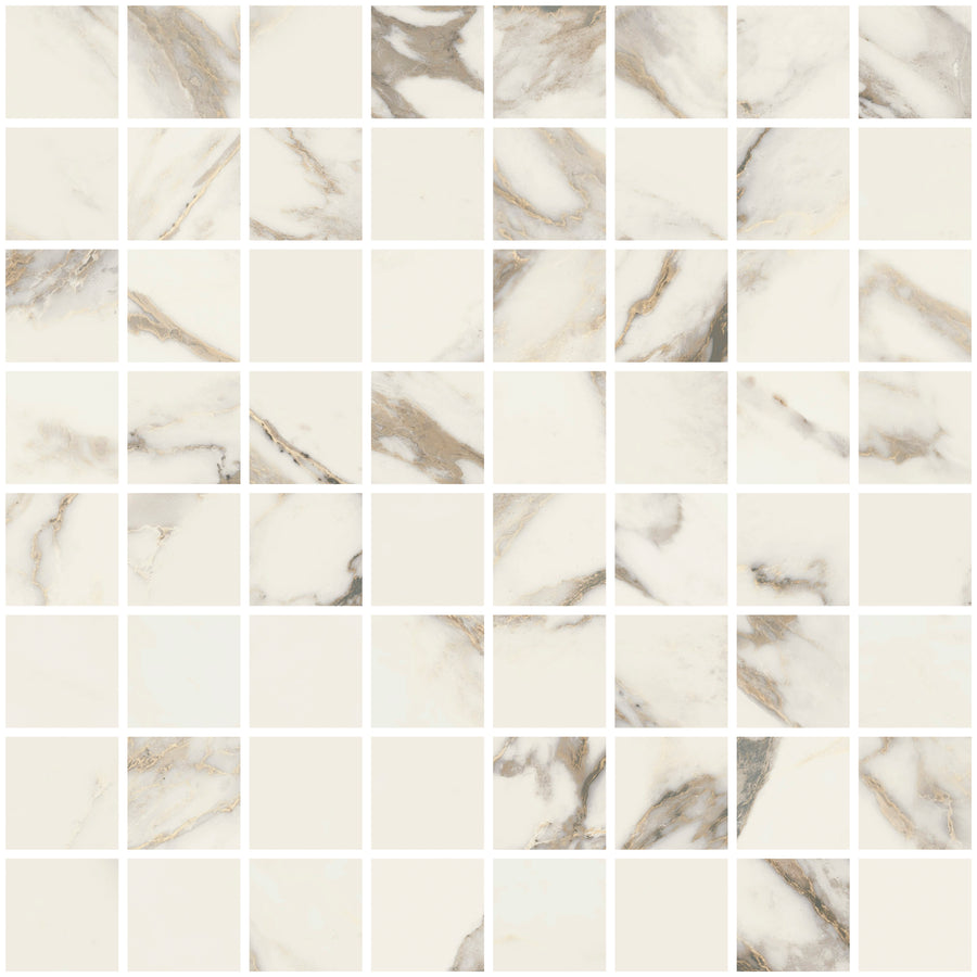 The Altissimo 12" x 12" Mosaic Tile in White Natural features square marble tiles with subtle gray and gold veining, arranged geometrically with thin white grout lines for a refined, mosaic-inspired look.