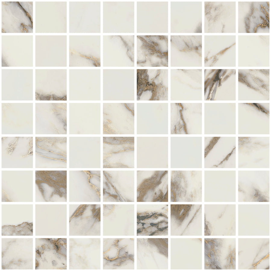 The Altissimo 12" x 12" Mosaic Tile features a seamless grid of square, white polished marble tiles with natural veining and textures, making it an ideal choice for luxury flooring and showcasing elegant marble patterns.