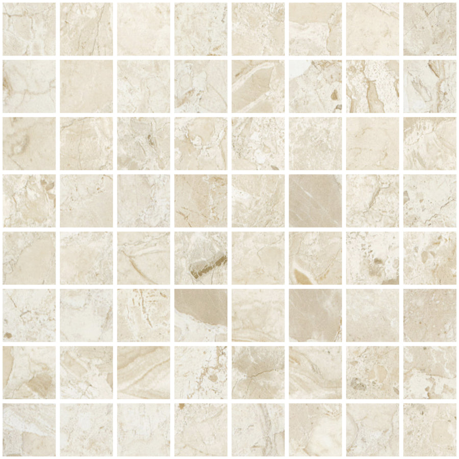 The Bella Terra 12" x 12" Mosaic Tile in Torani features a grid of beige and cream tiles with natural veining and color variation, each square highlighted by unique marbled texture—ideal for accent walls or feature floors.