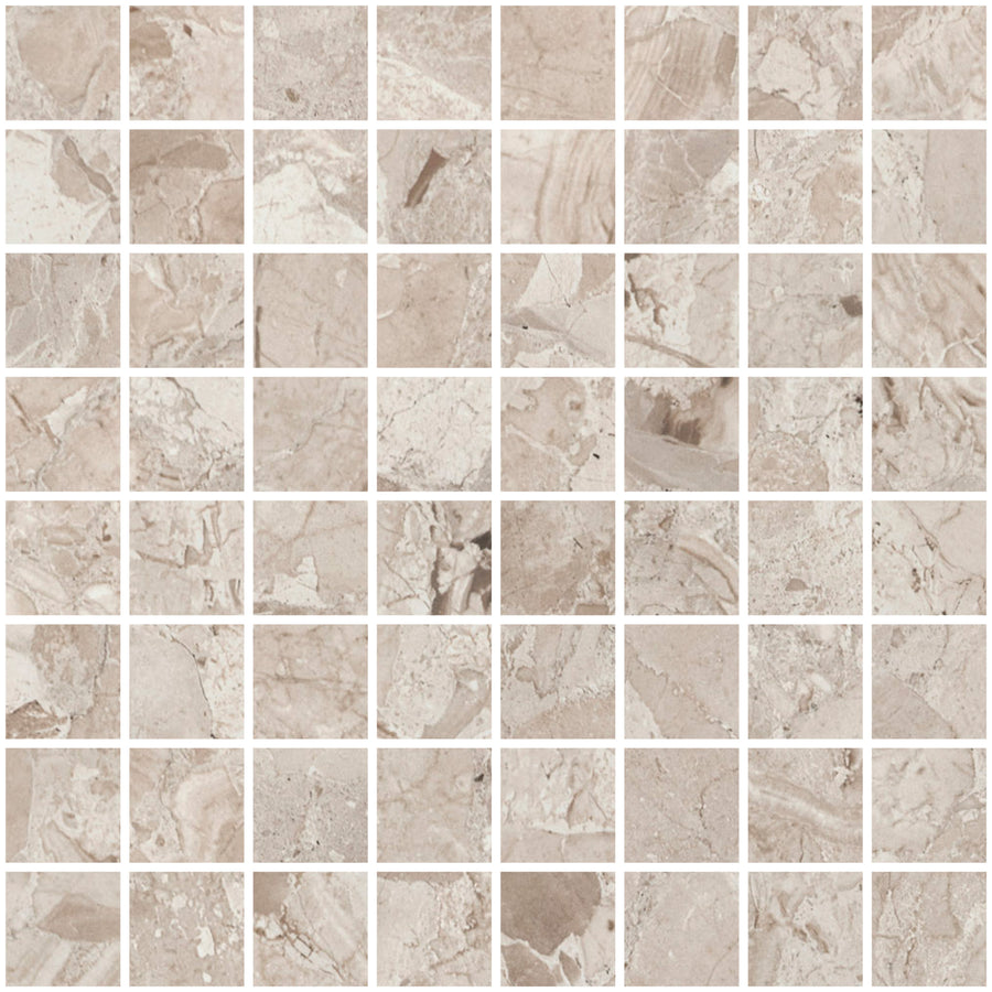 A close-up of Bella Terra 12" x 12" Mosaic Tile in Mocha, featuring small square tiles with natural veining and textures arranged in a grid—ideal for accent walls or statement floors.