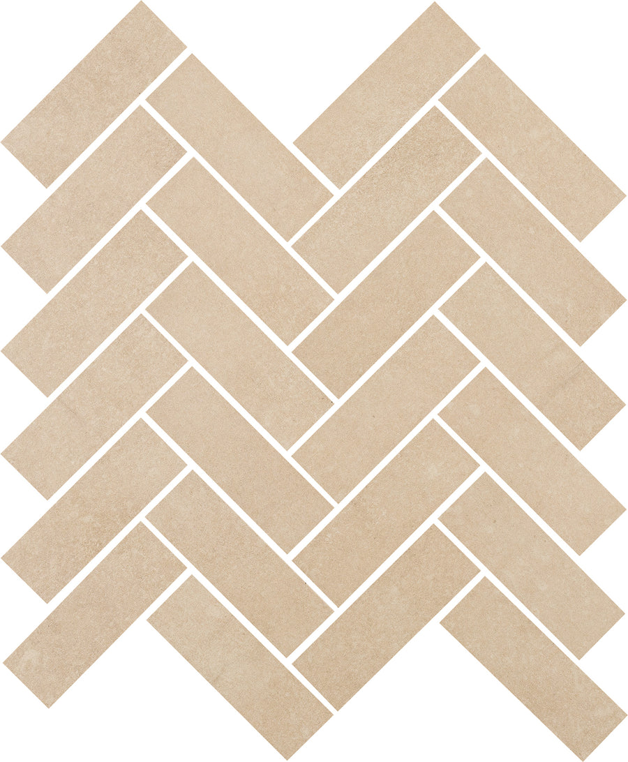 Ardennes Herringbone Mosaic Tile in Sand features a beige rectangular pattern laid in zigzag, with a smooth matte finish and white grout lines—ideal for creating luxury mosaic accent walls.