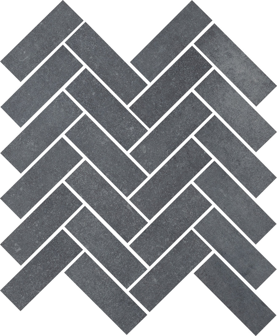Ardennes Herringbone Mosaic Tile in blue, displayed on a white background. The tiles have a subtly textured surface for a modern, luxury mosaic—ideal for accent walls with bold geometric style.