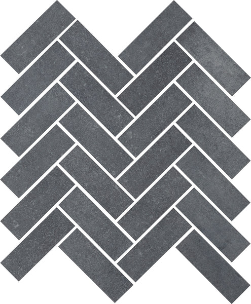 Ardennes Herringbone Mosaic Tile in blue, displayed on a white background. The tiles have a subtly textured surface for a modern, luxury mosaic—ideal for accent walls with bold geometric style.