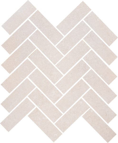 Ardennes Herringbone Mosaic Tile in Blonde features a geometric design with white grout lines—perfect for accent walls or upscale bathroom installations.