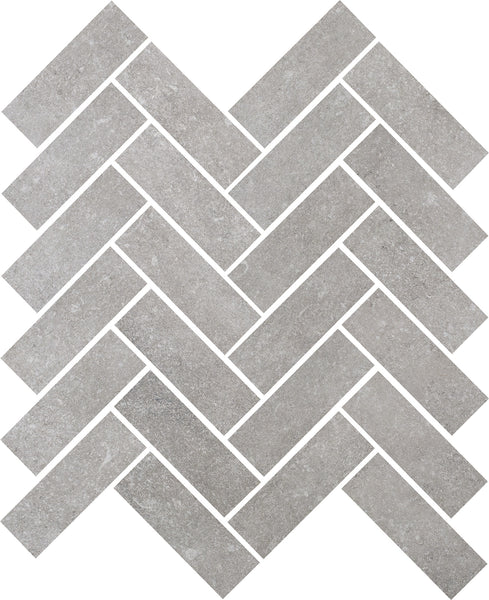 Ardennes Herringbone Mosaic Tile in Cliff creates a stunning accent wall with its stone-like texture and sharp white grout lines—perfect for bathrooms seeking a modern, elegant upgrade.