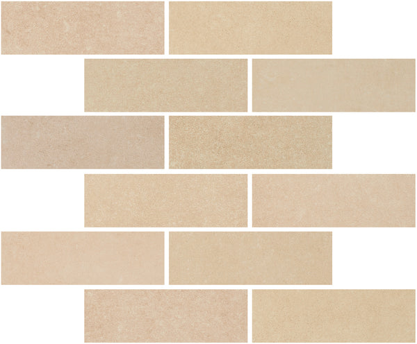 The Ardennes Interlocking Mosaic Tile in Sand showcases rectangular beige tiles in a staggered brick pattern, with premium craftsmanship and a blend of light brown and tan shades.
