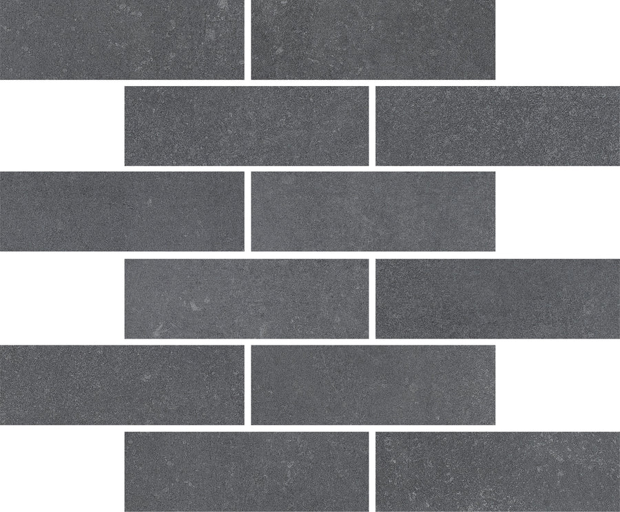Ardennes Interlocking Mosaic Tile in blue features a geometric pattern of rectangular tiles in an offset brick layout, separated by visible white grout lines.