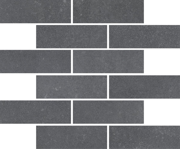 Ardennes Interlocking Mosaic Tile in blue features a geometric pattern of rectangular tiles in an offset brick layout, separated by visible white grout lines.