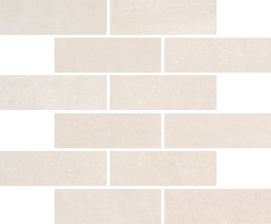 The Ardennes Interlocking Mosaic Tile in Blonde features a geometric pattern of rectangular tiles in an offset brick layout on a white background, with a slightly textured matte finish for a premium look.