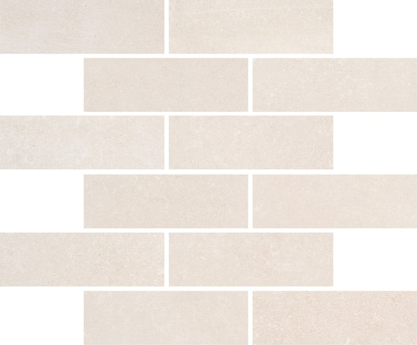 The Ardennes Interlocking Mosaic Tile in Blonde features a geometric pattern of rectangular tiles in an offset brick layout on a white background, with a slightly textured matte finish for a premium look.