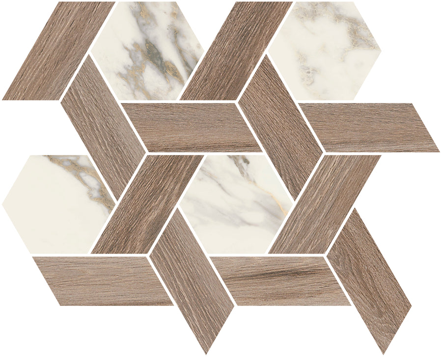 Altissimo Interlace Mosaic Tile in White Natural features an interlocking geometric pattern with beige and brown wood-textured parallelograms and white marble-textured hexagons for a refined, luxurious look.