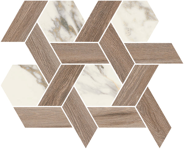 Altissimo Interlace Mosaic Tile in White Natural features an interlocking geometric pattern with beige and brown wood-textured parallelograms and white marble-textured hexagons for a refined, luxurious look.