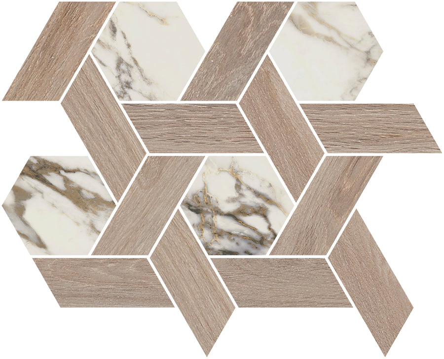 The Altissimo Interlace Mosaic Tile features a geometric interlocking hexagon pattern in white polished finish, blending light wood grain and marble textures for a striking 3D effect.