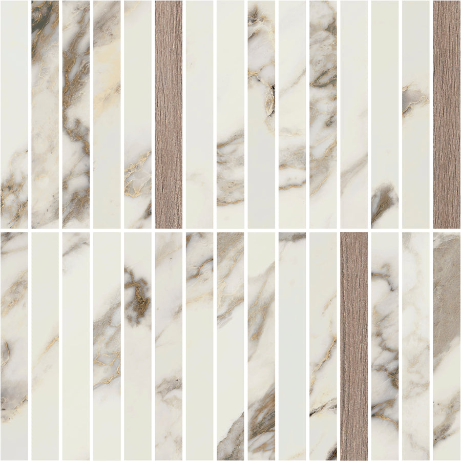 The Altissimo KitKat Mix 12" x 12" Tile in White Polished features rectangular tiles with white and gray marble segments, gold veining, and beige wood-textured strips for a modern luxury look.