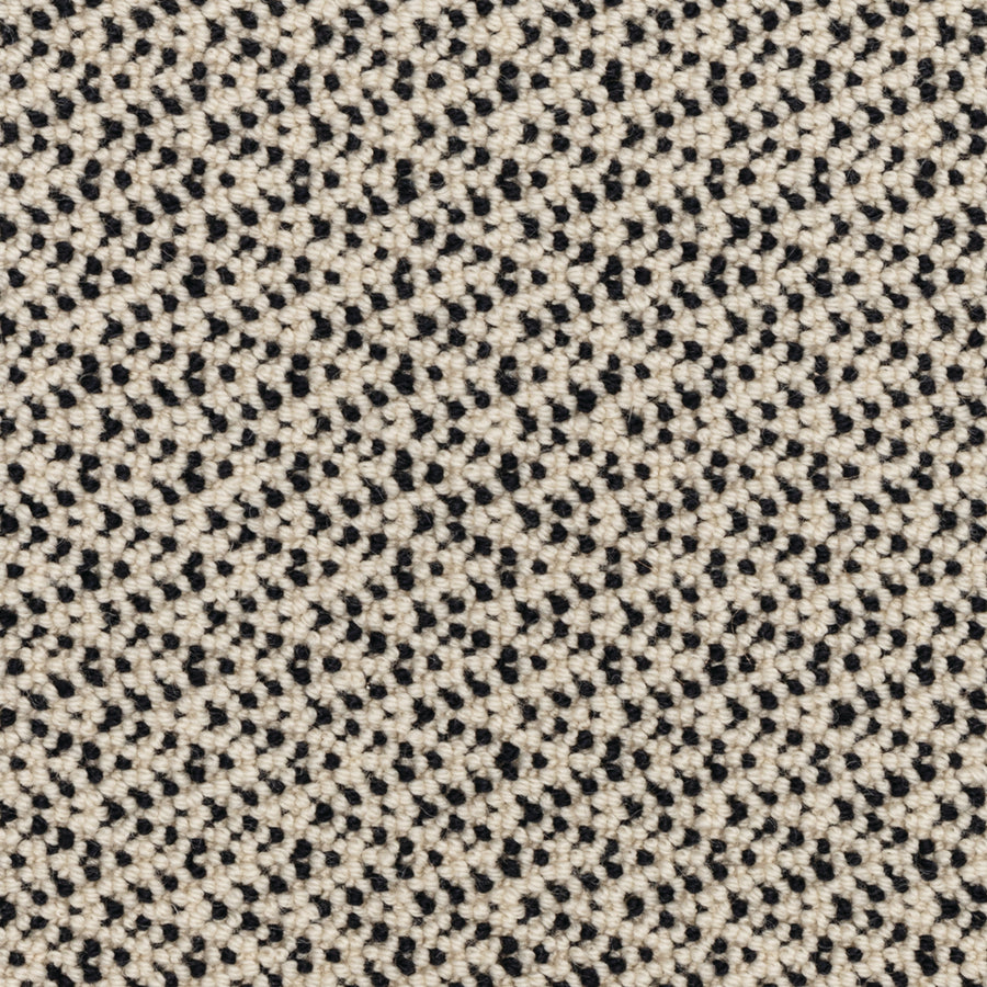 Close-up of the Fretwork On Trend Carpet in Mystic Fog, featuring a textured woven fabric with a repeating pattern of black and off-white threads. This small geometric, polka-dot-like design is reminiscent of classic geometric patterns, while the carpet’s durable construction ensures lasting style and longevity in any setting.