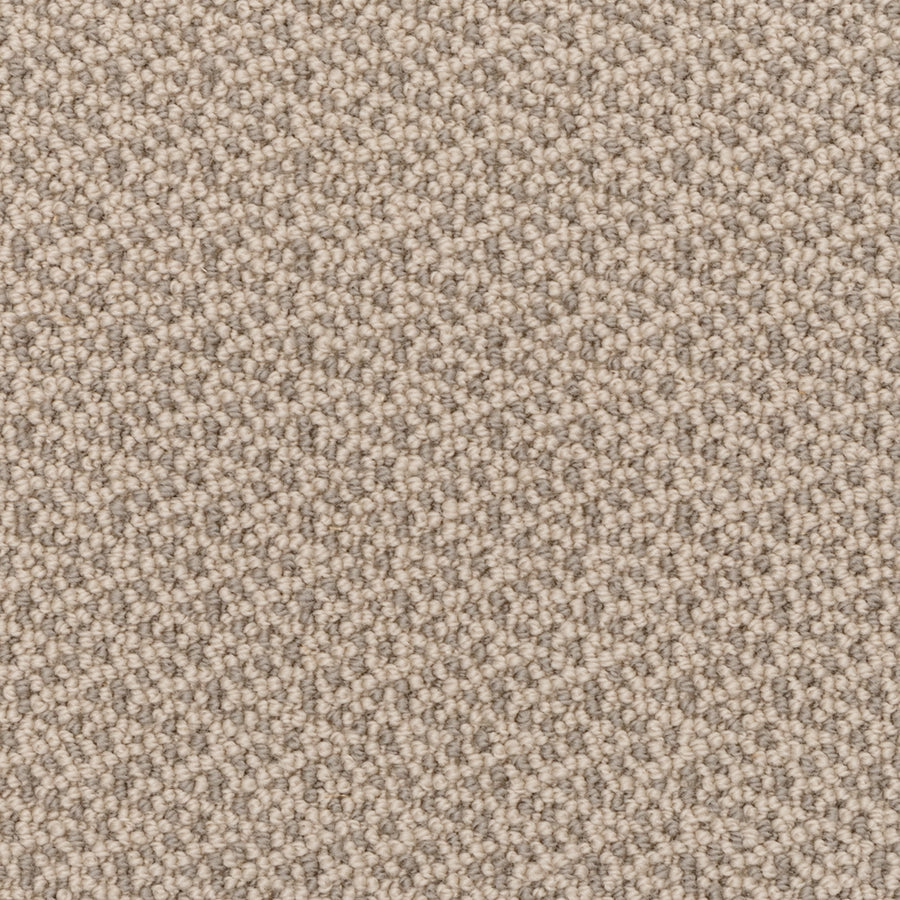 Close-up view of the Fretwork On Trend Carpet in New Coin, featuring a beige, tightly woven textured surface with durable construction. The small, even loops create a uniform pattern, offering a soft and neutral background appearance.