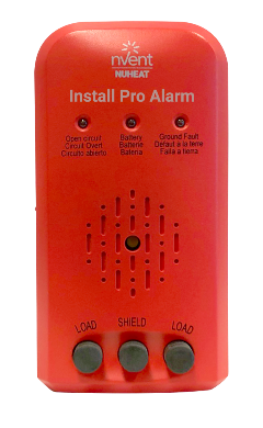 The nVent Nuheat Install Pro Alarm is a red electric fault indicator with lights for open circuit, battery, and ground faults, plus labeled LOAD and SHIELD buttons—ideal for any nVent Nuheat installation.