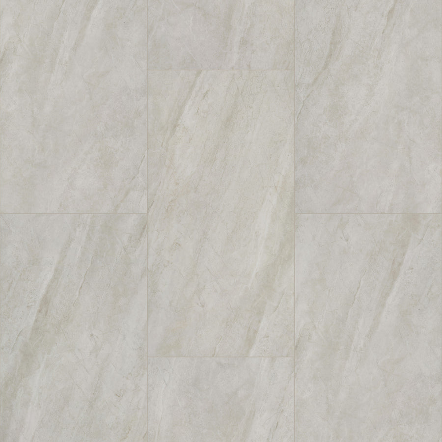 Coretec Natural Opula 18" Vinyl Plank in Opal Travertne Tile features light gray matte stone tiles with subtle veining. The grid pattern and smooth, natural surface offer the durable, stylish look of rigid core waterproof vinyl planks.