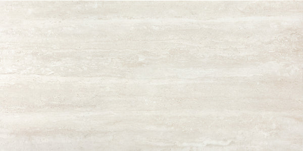 A close-up of the Villanova 12x24 Rectified Porcelain Tile reveals a light beige glazed surface with subtle horizontal striations and natural texture variations for an elegant, neutral look.