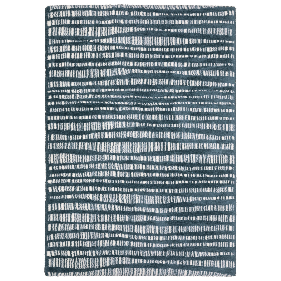 The Galileo 01 Area Rug showcases an abstract design with irregular white and gray horizontal lines on a dark blue background, adding modern texture and style ideal for contemporary spaces.