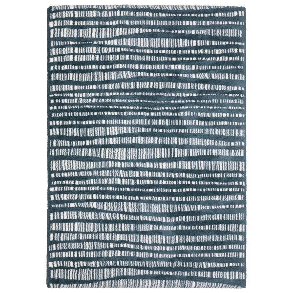 The Galileo 01 Area Rug showcases an abstract design with irregular white and gray horizontal lines on a dark blue background, adding modern texture and style ideal for contemporary spaces.