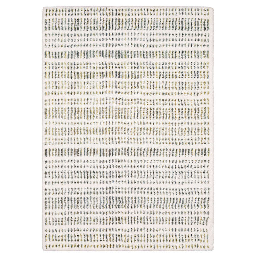 The Galileo 02 Area Rug features a white background with irregular horizontal rows of black, gray, and beige dashes, creating a modern, textured look that adds cozy sophistication to any space.