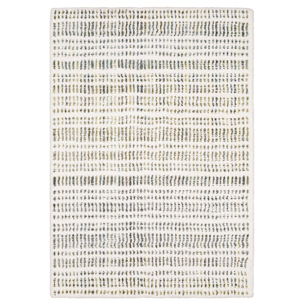 The Galileo 02 Area Rug features a white background with irregular horizontal rows of black, gray, and beige dashes, creating a modern, textured look that adds cozy sophistication to any space.